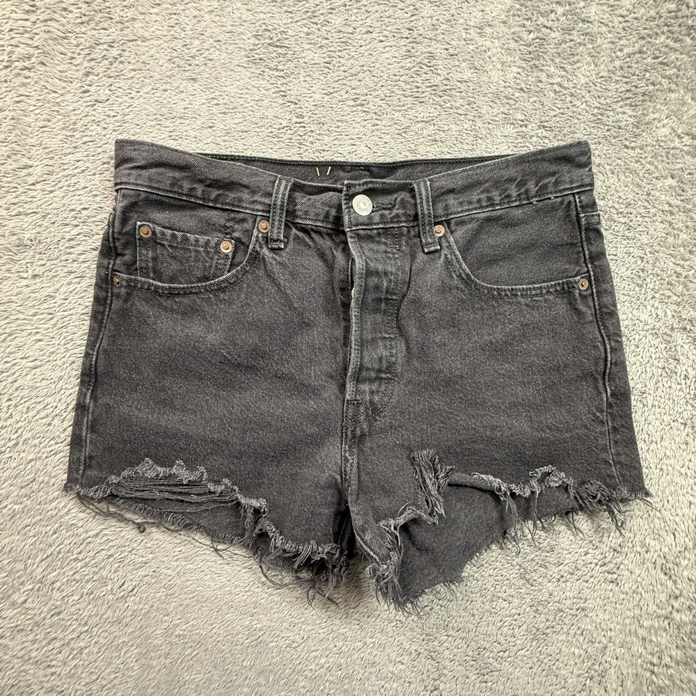 Levis Premium 501 Cut Off Distressed Shorts Black Denim Womens 28" Waist Big E
